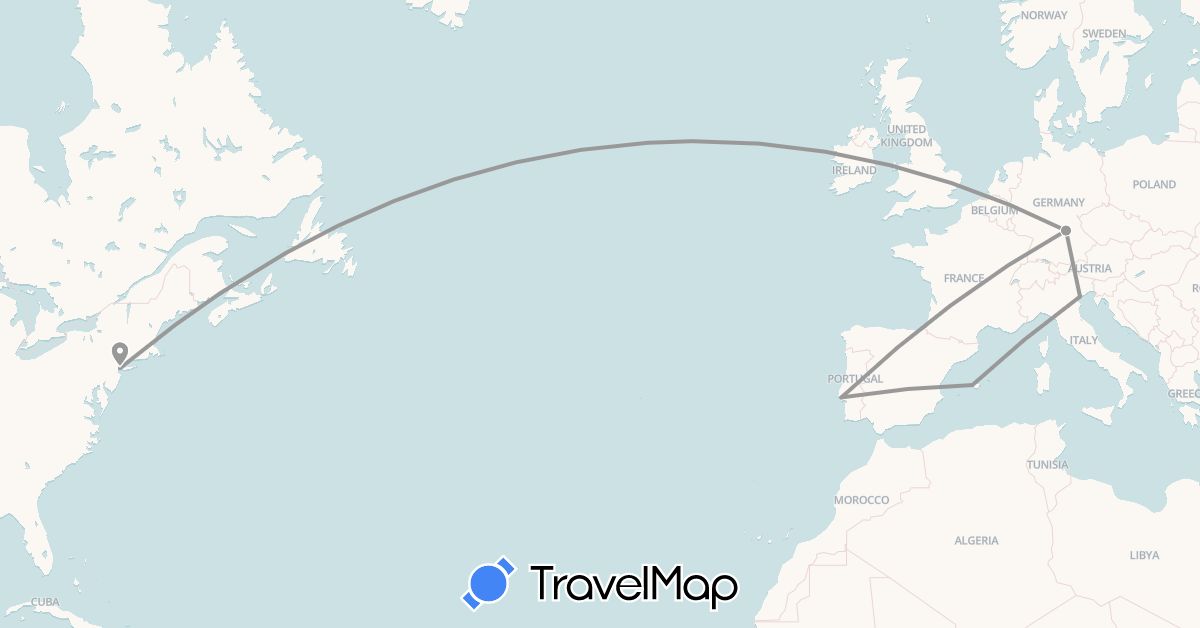 TravelMap itinerary: plane in Germany, Spain, Italy, Portugal, Sweden, United States (Europe, North America)